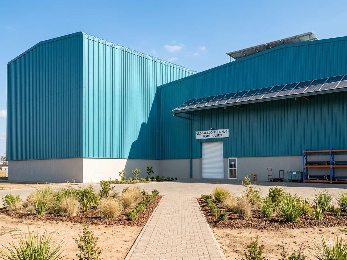 Modern logistics warehouse with solar panels and loading bays